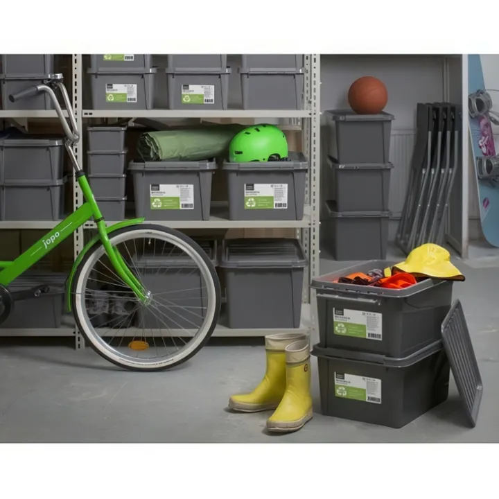 Förvaringslåda med lock i återvunnen plast 14L, SmartStore, Grå