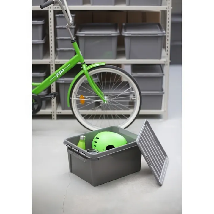 Förvaringslåda med lock i återvunnen plast 14L, SmartStore, Grå