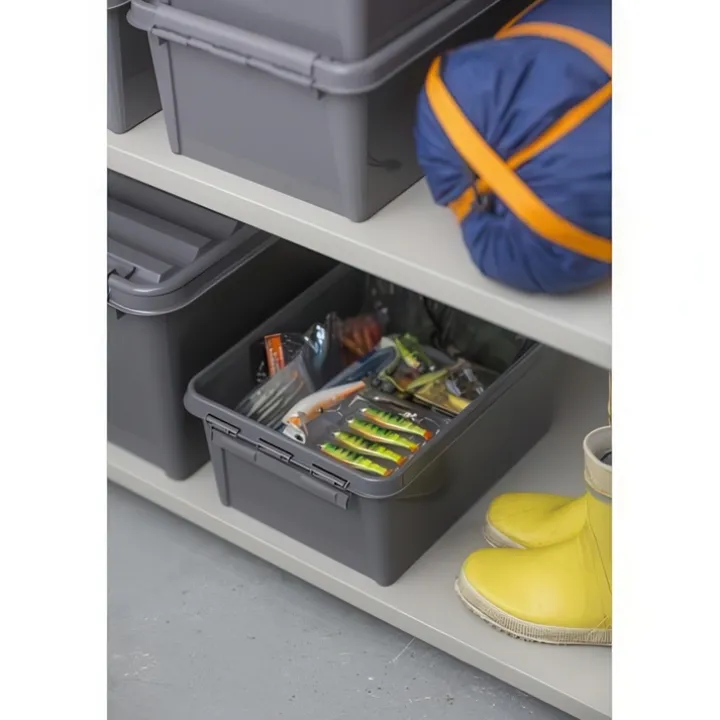 Förvaringslåda med lock i återvunnen plast 14L, SmartStore, Grå