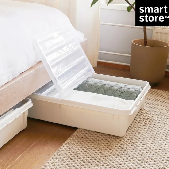 Stor förvaringslåda under sängen med hjul 60L, SmartStore, Klar/svart