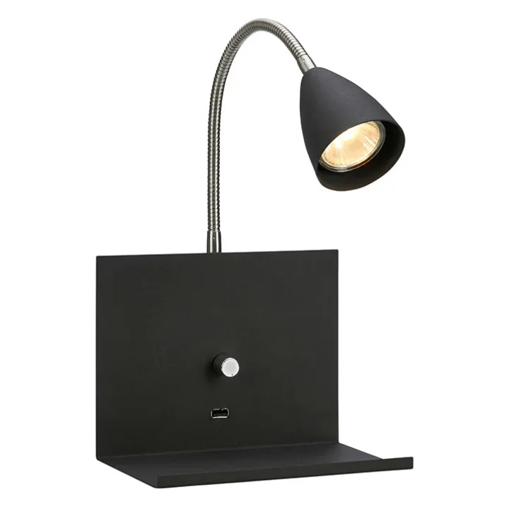 Vägglampa med hylla och USB-uttag